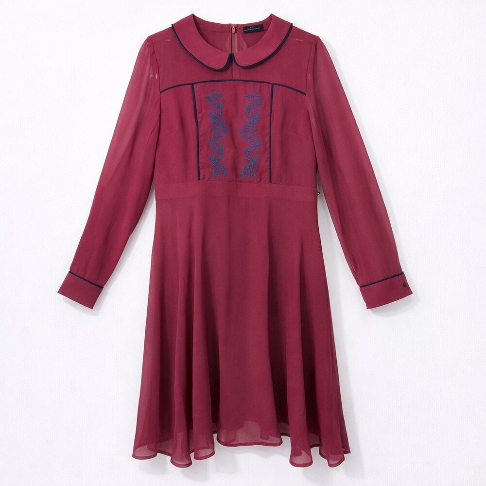 ModCloth Burgundy Long Sleeve Fit Flare Dress Peter Pan Collar Embroidery L 38"